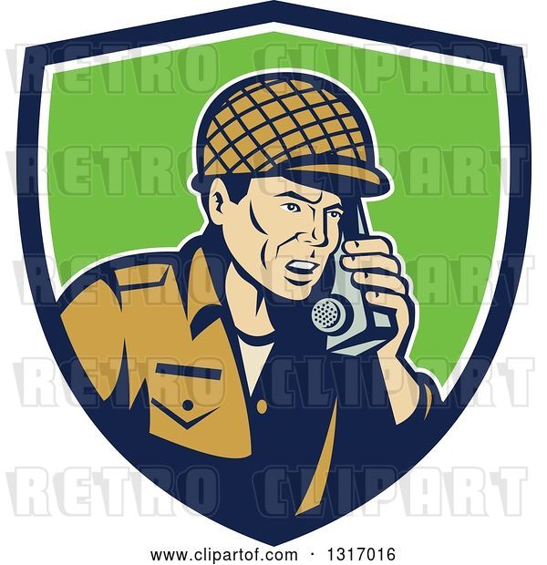 Vector Clip Art of Retro Cartoon World War Two Soldier Talking on a Field Radio in a Blue White and Green Shield