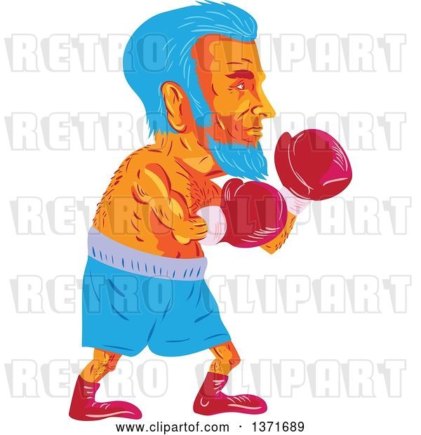 Vector Clip Art of Retro Cartoon Wpa Styled Blue Haired Old Male Boxer