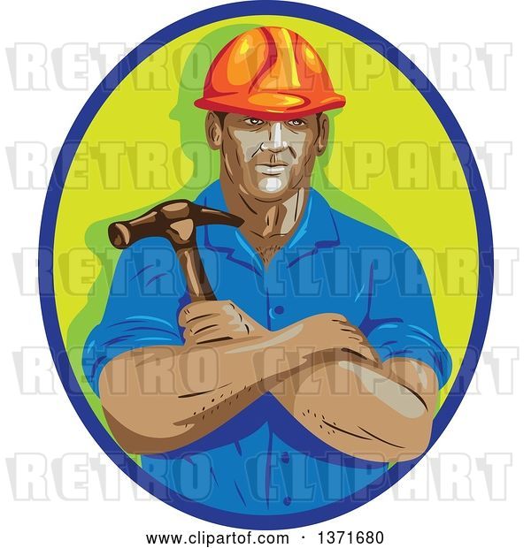 Vector Clip Art of Retro Cartoon Wpa Styled Construction Worker Holding a Hammer in Folded Arms, Within a Blue and Green Oval