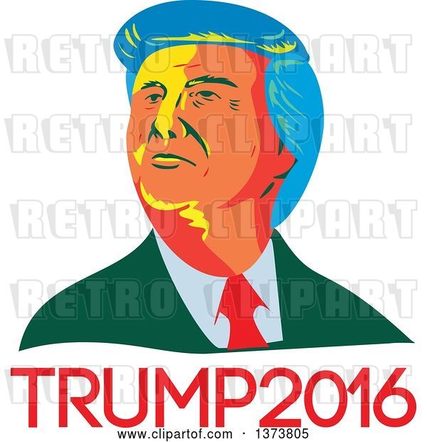 Vector Clip Art of Retro Cartoon WPA Styled Portrait of Republican Presidential Nominee Donald Trump over Text