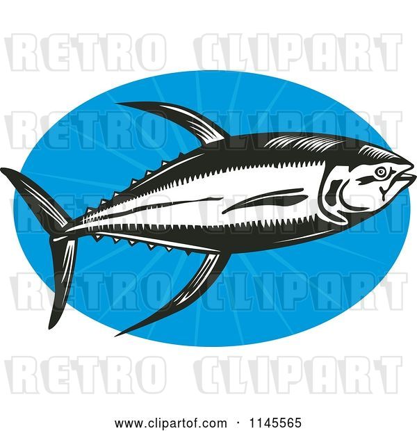 Vector Clip Art of Retro Cartoon Yellowfin Tuna Fish over Blue