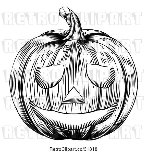 Vector Clip Art of Retro Carved Halloween Woodcut Jackolantern Pumpkin