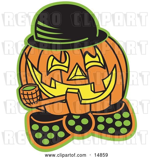 Vector Clip Art of Retro Carved Jack O Lantern Wearing a Hat and Bowtie and Grinning While Smoking a Pipe