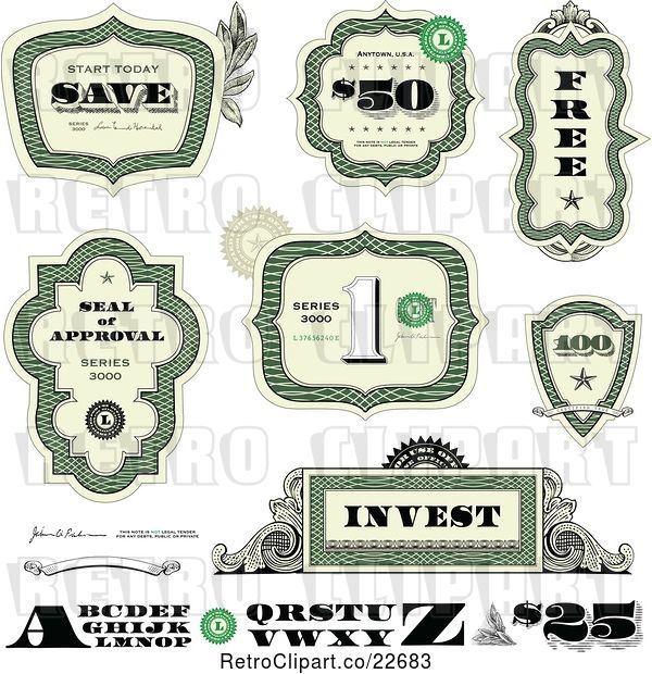 Vector Clip Art of Retro Cash Money and Certificate Design Elements