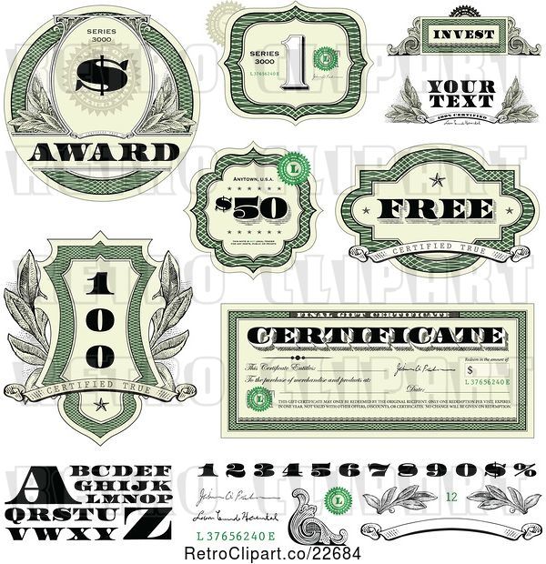Vector Clip Art of Retro Cash Money and Certificate Design Elements