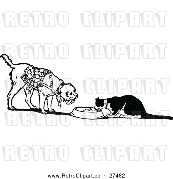Vector Clip Art of Retro Cat and Dog Eating