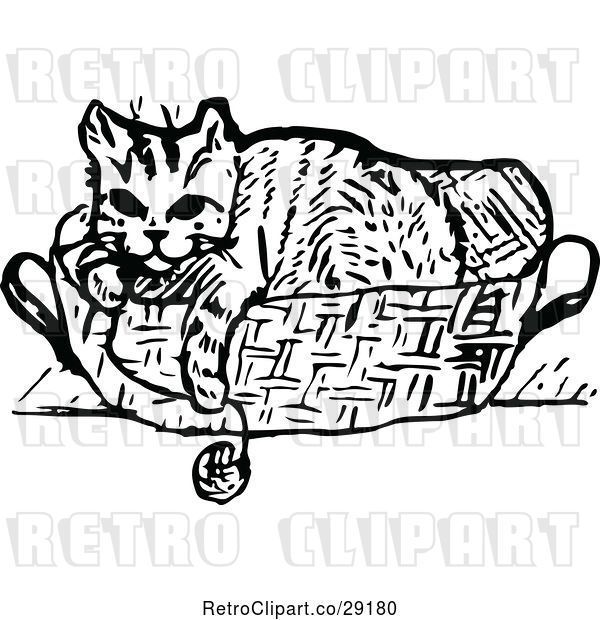 Vector Clip Art of Retro Cat in a Basket with Yarn