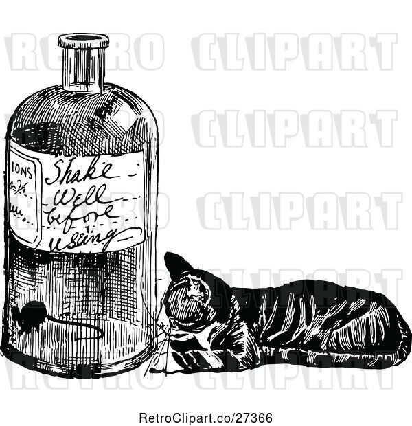 Vector Clip Art of Retro Cat Watching a Mouse in a Bottle