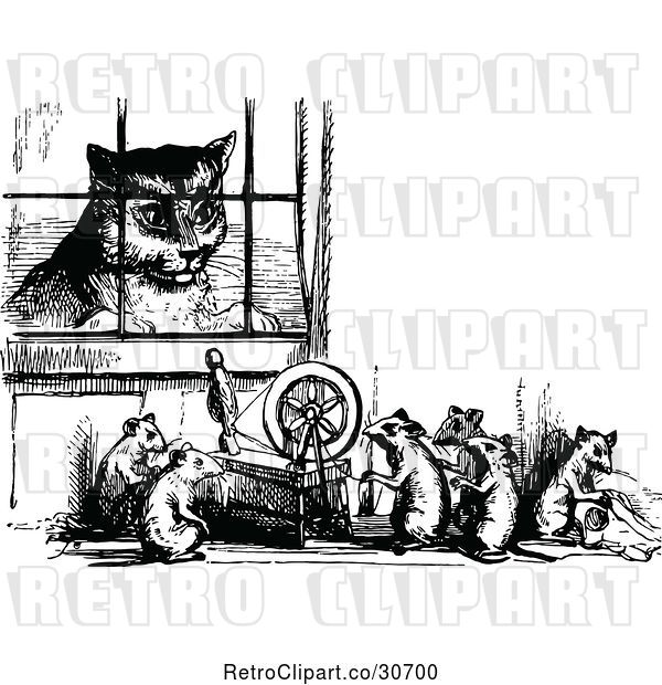 Vector Clip Art of Retro Cat Watching Mice Work a Spindle Through a Window