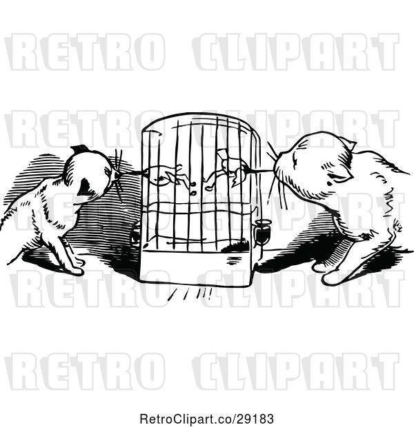 Vector Clip Art of Retro Cats Eating Budgies from a Cage