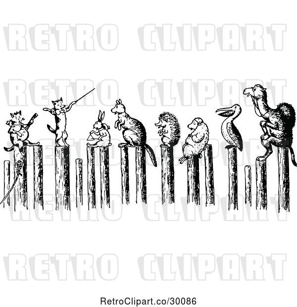 Vector Clip Art of Retro Cats Performing for Animals on Posts