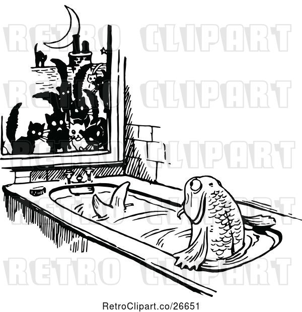 Vector Clip Art of Retro Cats Watching a Fish in a Bath