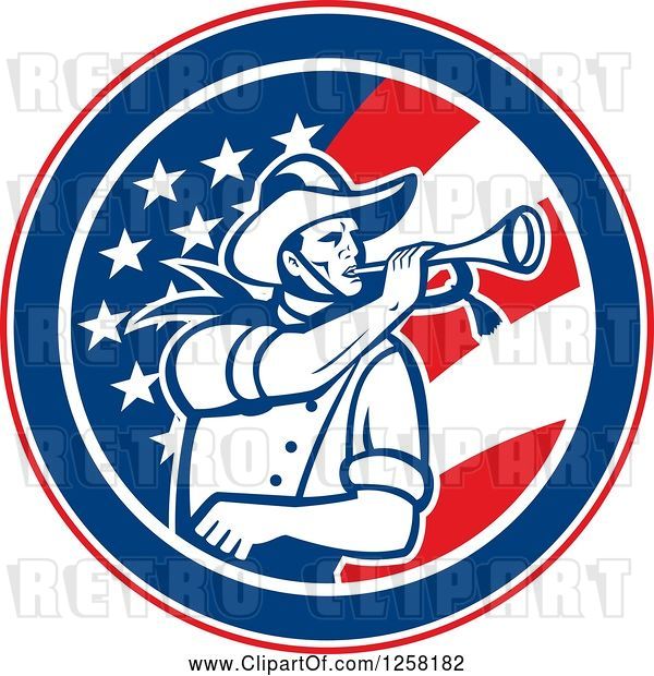 Vector Clip Art of Retro Cavalry Soldier Blowing a Bugle in an American Flag Circle