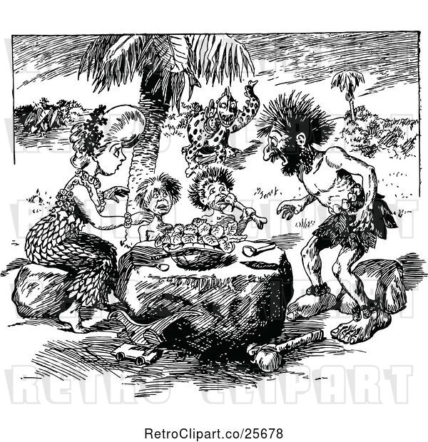 Vector Clip Art of Retro Caveman Family Eating