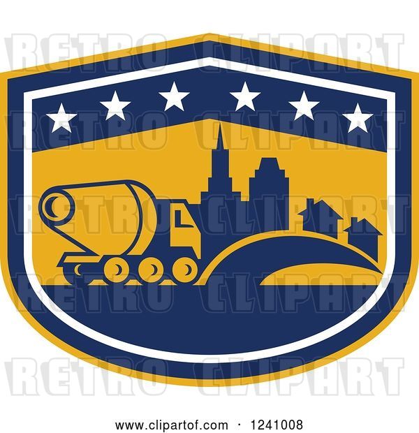 Vector Clip Art of Retro Cement Truck and City in a Shield