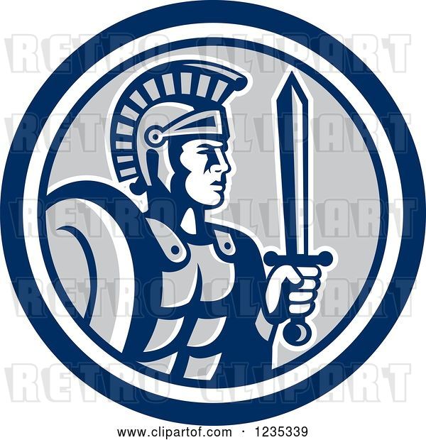 Vector Clip Art of Retro Centurian Roman Soldier in a Blue White and Gray Circle