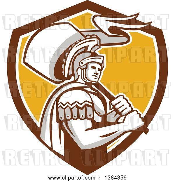 Vector Clip Art of Retro Centurion Roman Soldier Carrying a Flag in a Brown White and Yellow Shield