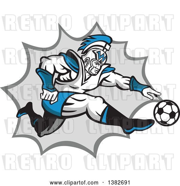 Vector Clip Art of Retro Centurion Roman Soldier Soccer Player Kicking over a Gray Burst