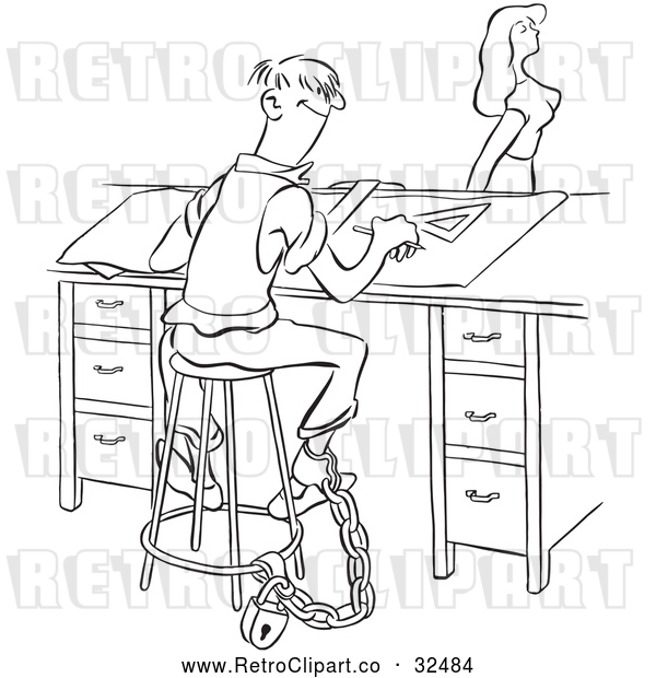 Vector Clip Art of Retro Chained Office Worker Man Watching a Lady Walk by Black and White
