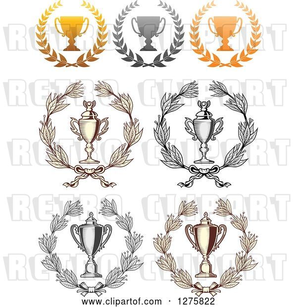 Vector Clip Art of Retro Championship Trophy Cups in Wreaths