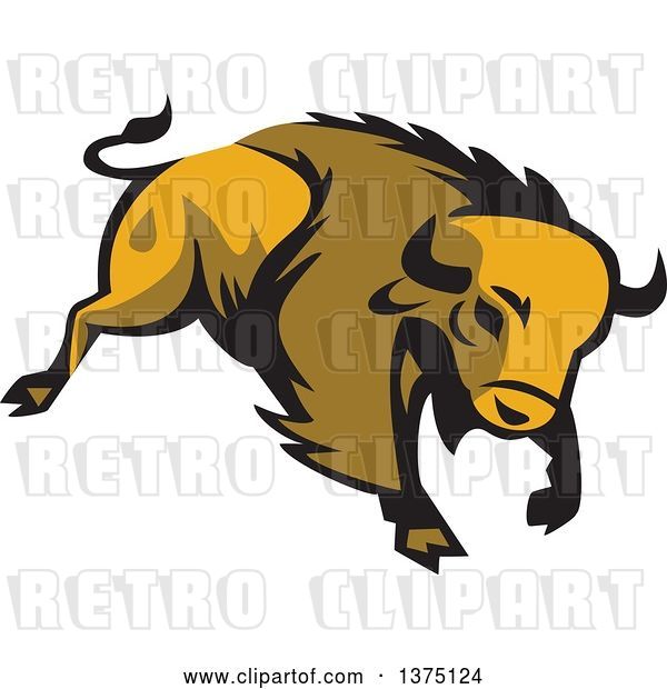 Vector Clip Art of Retro Charging American Bison Buffalo