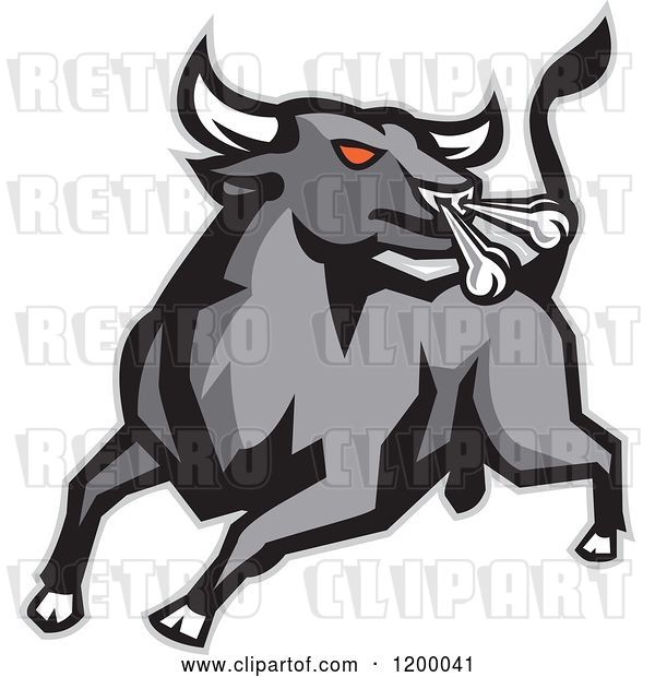 Vector Clip Art of Retro Charging and Snorting Red Eyed Angry Gray Bull