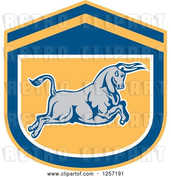 Vector Clip Art of Retro Charging Bull in a Blue White and Yellow Shield