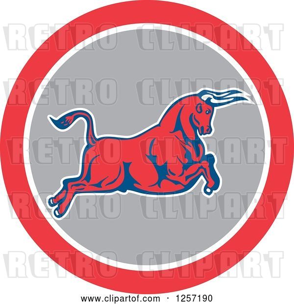 Vector Clip Art of Retro Charging Bull in a Red White and Gray Circle