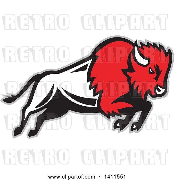 Vector Clip Art of Retro Charging Red, Buffalo Charging, with a Gray Outline