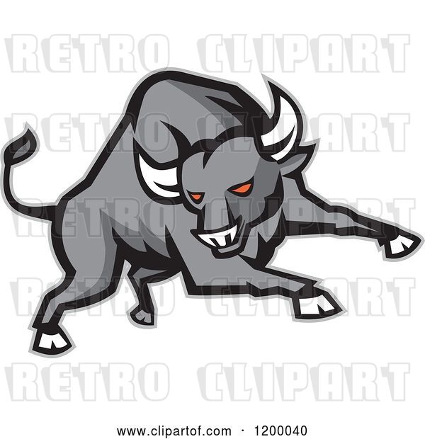 Vector Clip Art of Retro Charging Red Eyed Angry Gray Bull