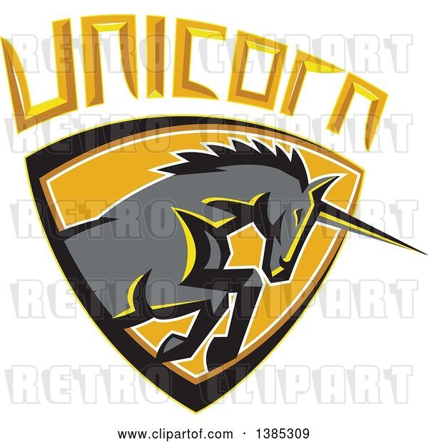 Vector Clip Art of Retro Charging Unicorn in a Shield with Text