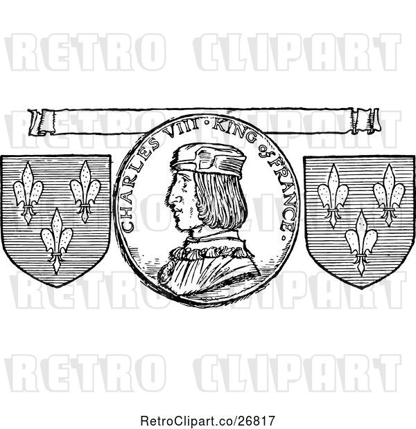 Vector Clip Art of Retro Charles VIII King of France Coin Banner and Shields