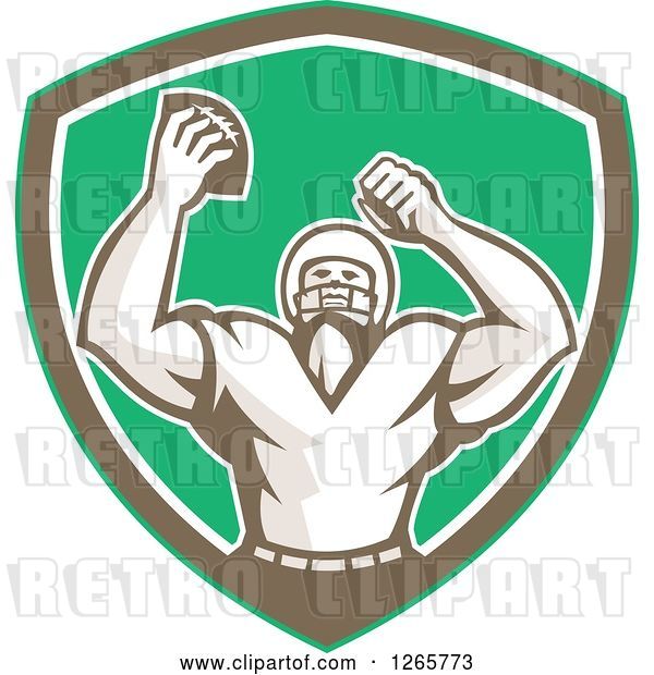 Vector Clip Art of Retro Cheering American Football Player in a Green Brown and White Shield