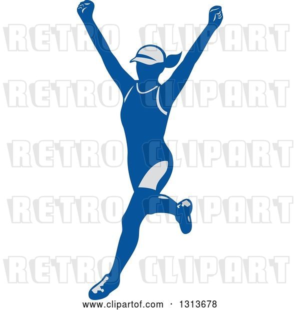 Vector Clip Art of Retro Cheering Female Marathon Runner in Gray and Blue