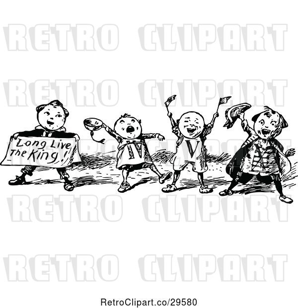 Vector Clip Art of Retro Cheering KChildren with Long Live the King Text