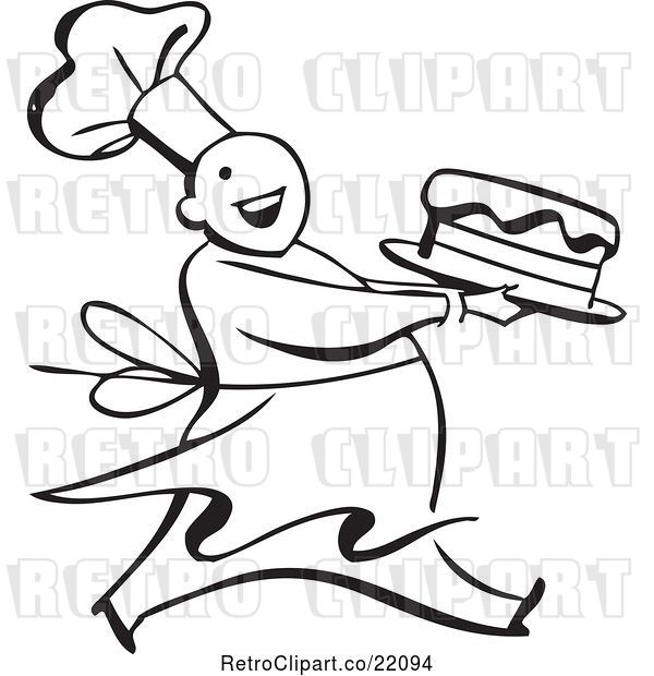 Vector Clip Art of Retro Chef Carrying a Cake