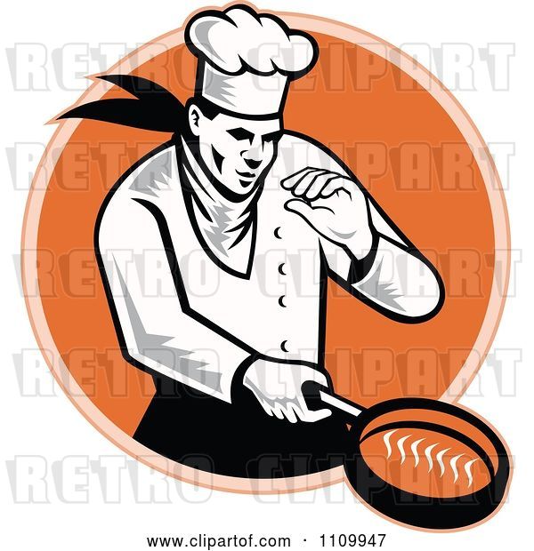 Vector Clip Art of Retro Chef Cooking with a Frying Pan over an Orange Circle