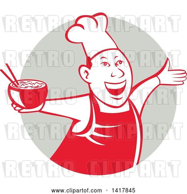 Vector Clip Art of Retro Chef Holding a Bowl of Hot Noodle Soup and Cheering, Welcoming or Dancing in a Gray Circle