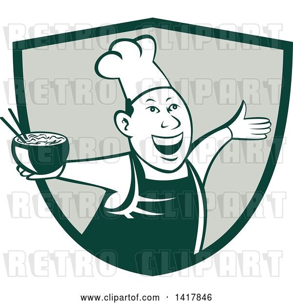 Vector Clip Art of Retro Chef Holding a Bowl of Hot Noodle Soup and Cheering, Welcoming or Dancing in a Shield