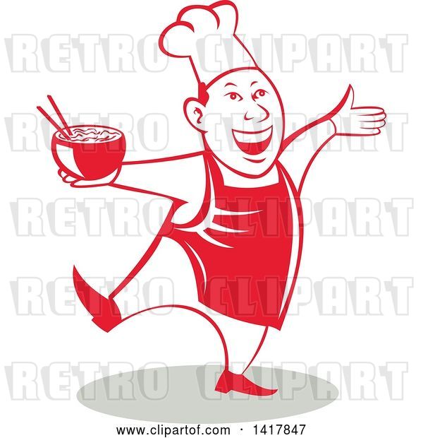 Vector Clip Art of Retro Chef Holding a Bowl of Hot Noodle Soup and Dancing