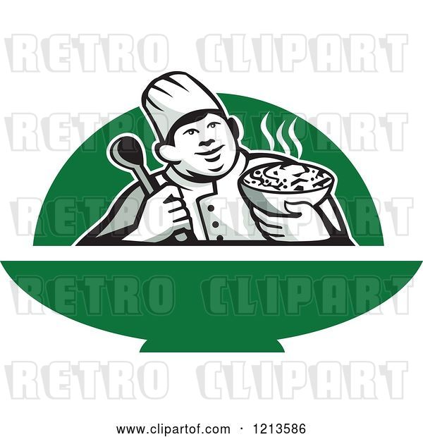 Vector Clip Art of Retro Chef Holding a Bowl of Hot Noodle Soup over Green