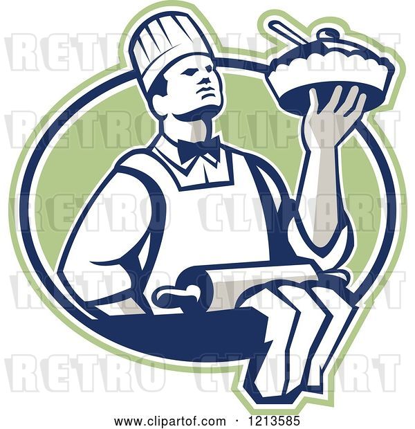 Vector Clip Art of Retro Chef Holding a Pie over a Rolling Pin in a Green Oval