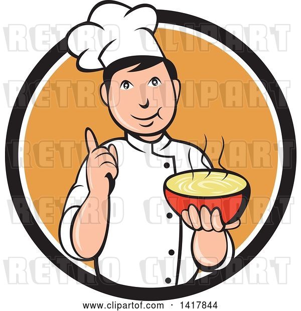 Vector Clip Art of Retro Chef Holding up a Finger and a Bowl of Hot Noodle Soup