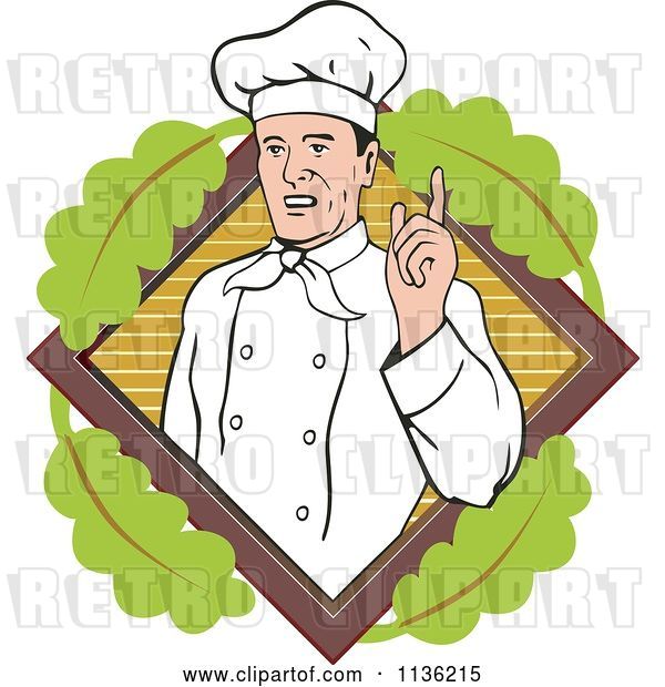 Vector Clip Art of Retro Chef Holding up a Finger over a Leafy Diamond