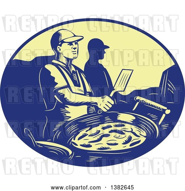 Vector Clip Art of Retro Chef Making Mexican Food in a Blue and Yellow Oval