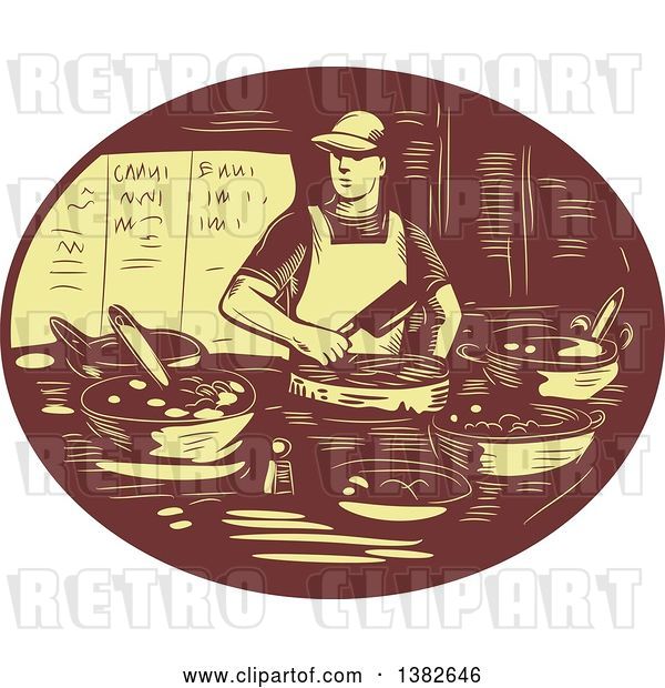 Vector Clip Art of Retro Chef Making Tacos in a Brown and Yellow Oval
