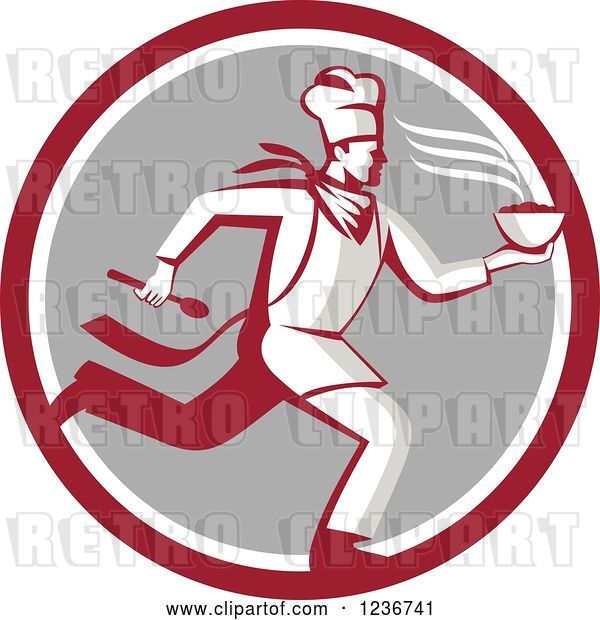 Vector Clip Art of Retro Chef Running with Hot Soup on a Gray and Red Circle