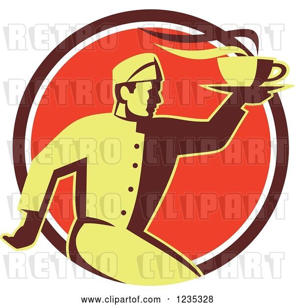 Vector Clip Art of Retro Chef Running with Hot Soup on a Red Circle