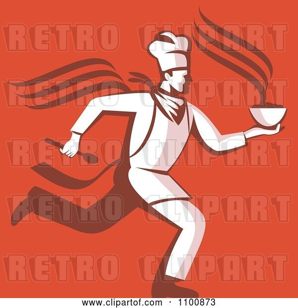 Vector Clip Art of Retro Chef Running with Hot Soup over Orange Red