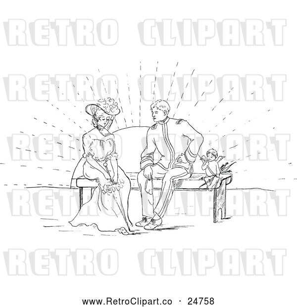Vector Clip Art of Retro Cherub and Couple on a Bench at Sunset